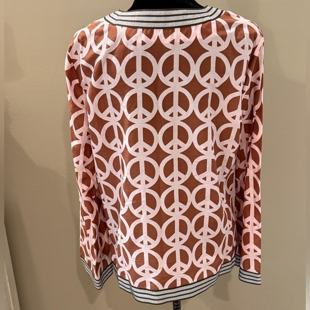 Women’s JULES REID Brown and pink peace sign printed tunic top- Size 14 - Picture 3 of 6